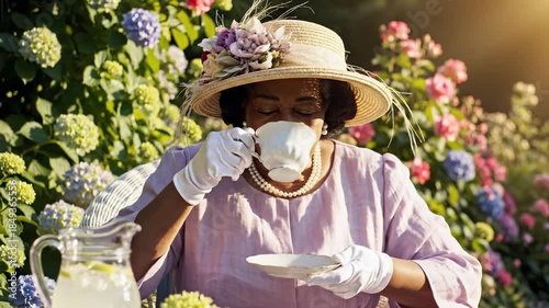 Elegant African Woman Drinks Tea in a Garden Setting
