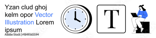 Time management, digital learning, content creation, typography design, work productivity, online education. ion of a clock, text symbol and a woman using a laptop. Time management and digital