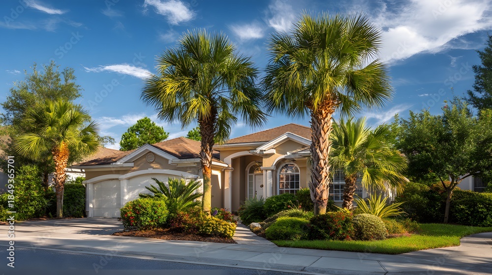 Fototapeta premium Beautiful Florida Home with Lush Landscaping and Palm Trees.