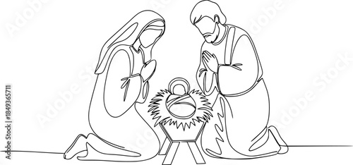 A Christmas nativity scene with Mary, Joseph, and baby Jesus. Continuous line drawing. Vector illustration.
