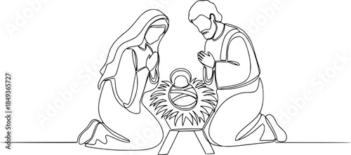 A Christmas nativity scene with Mary, Joseph, and baby Jesus. Continuous line drawing. Vector illustration.
