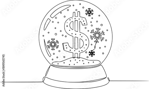 Dollar sign in a snow globe drawn by a continuous line. Financial forecasting in one line art style. Vector illustration for business concepts.
