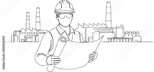 Drawing of an engineer in a hard hat with a blueprint in front of a factory in one line art style. Illustration with editable stroke. Vector illustration