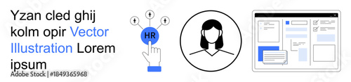 HR management, employee services, recruitment, candidate evaluation, digital HR systems, workflow tools. Central touchpoint with HR icon, female avatar and digital interface. HR management