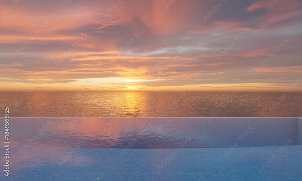 Fototapeta premium Vibrant sunset over ocean with infinity pool reflection, tranquil luxury scene