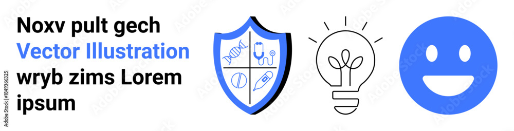 Obraz premium Healthcare, innovation, education, safety, wellness, positive emotions. Shield with medical icons, lightbulb symbol smiling face. Healthcare and innovation through symbols