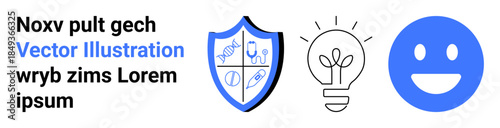 Healthcare, innovation, education, safety, wellness, positive emotions. Shield with medical icons, lightbulb symbol smiling face. Healthcare and innovation through symbols