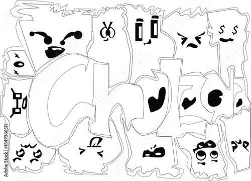 Black and white doodle art with various cartoon faces and shapes.