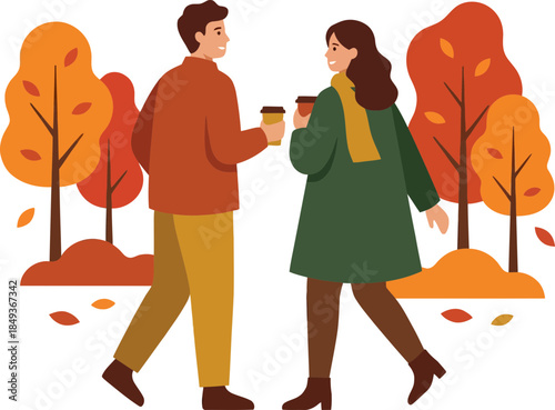 Autumnal outdoor scene depicting a couple enjoying warm beverages amidst vibrant fall foliage under a dark sky with falling leaves and scenic trees