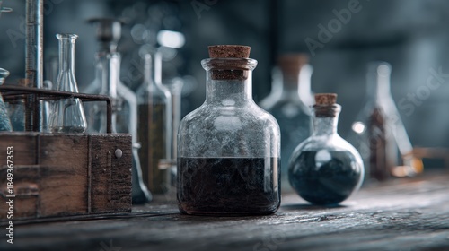 Eerie laboratory display: Dark potion bottles and vintage scientific apparatus