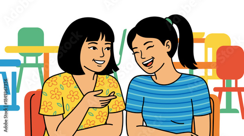 Cheerful young women engaging in lively conversation with vibrant background minimalist illustration