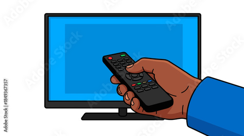 Close-up of hand holding remote control pointed at television screen with a blue background and black frame in a minimalist digital illustration