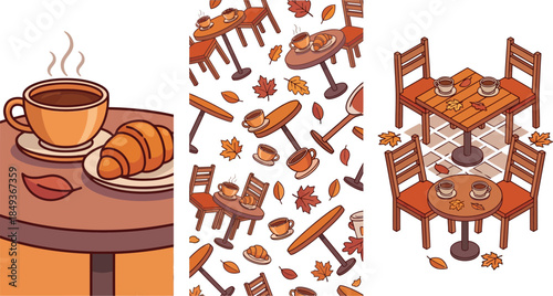 Cozy autumn outdoor coffee setup with scattered leaves and inviting table arrangements with warm beverages and snacks on a fall day