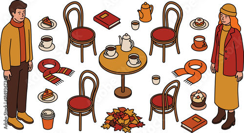 Charming cafe scene with two people, empty chairs, overjoyed atmosphere, warm tones, cozy setting, inviting ambiance, detailed illustrations, modern