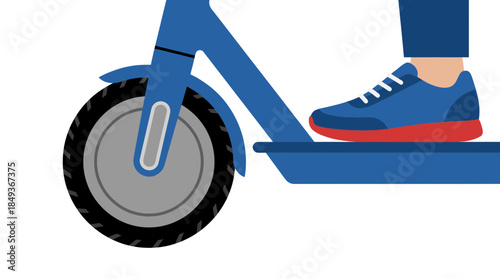 Close-up of a person riding a modern blue electric scooter with a focus on the wheel and foot placement set against a black background emphasizing