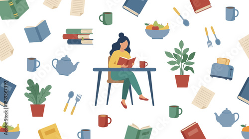 Cozy indoor scene with a woman reading at a desk surrounded by books plants and daily essentials on a dark background