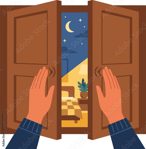 A person opening wooden doors to reveal a cozy interior view with a moonlit night sky and starry clouds outside