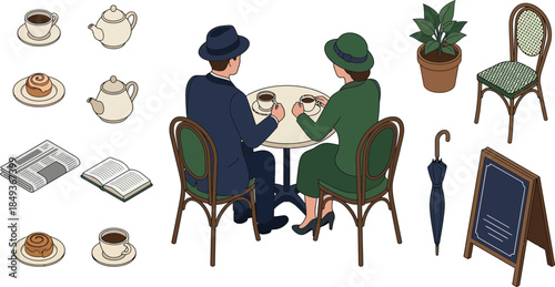 Charming Illustrative Scene of a Cozy Coffee Date with Tea and Pastries on a Dark Background