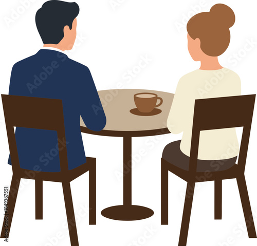 Minimalist digital illustration of a man and woman sitting at a round table having a conversation with coffee cups in a casual setting with a