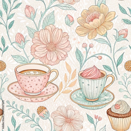 Pastel floral tea party pattern with teacups hot beverage and delicate cupcake illustration