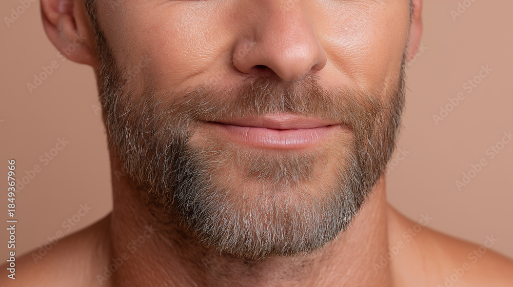 Obraz premium Close up of smiling man with sun kissed skin, soft golden warmth, visible skin texture, well groomed beard, and natural facial hair on neutral background
