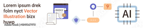 Digital transactions, cybersecurity, financial protection, payment processing, AI technology, innovation. Visualization of invoice processing with AI and data security symbols. Digital transactions