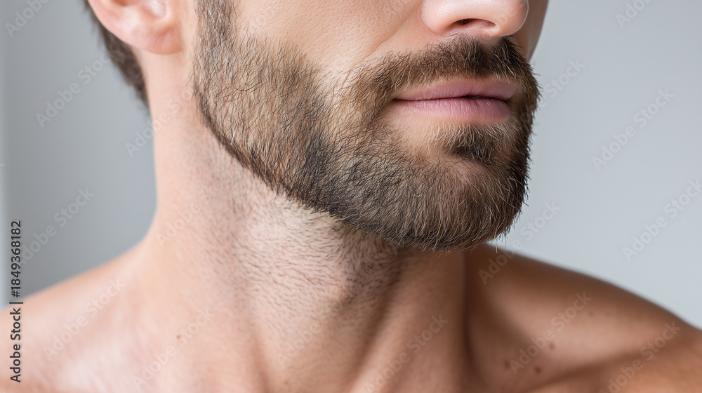Obraz premium Close up matte male skin under soft white illumination, clean and well groomed beard, healthy complexion, natural facial hair, relaxed expression