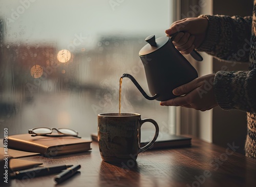 Cozy Morning Coffee Pouring Scene with Steaming Mug and Rainy Window Background