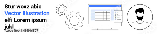 Data organization, programming, teamwork, software planning, systems design, technology. Image of a monitor, gears and a person icon. Data organization and programming concept