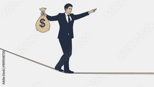 Businessman balances on tightrope with money bag in hand carefully navigating financial risk.