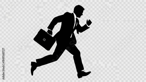 A silhouette of a businessman is running quickly with a briefcase in his hand on a transparent background.