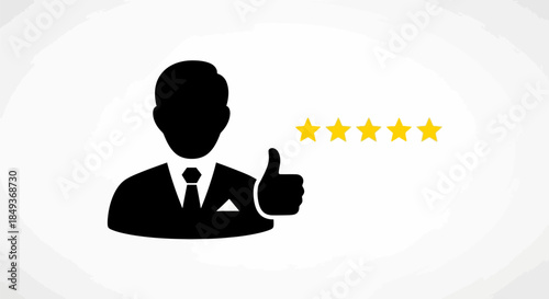 A satisfied businessman gives a thumbs-up gesture with five golden stars