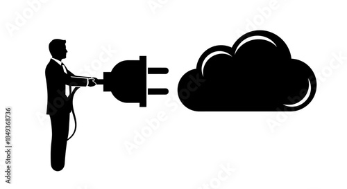 A person in a suit connects a plug to a cloud, symbolizing cloud computing and data transfer, viewed from the side in a simple illustration.