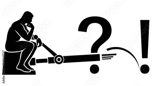 A man sits on a block pulling a lever with a large question mark and exclamation point emerging from it.