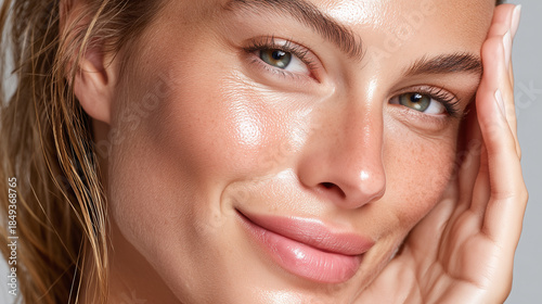 Radiant woman with subtle oily glow, clear skin, natural makeup, pastel lemon green background, relaxed expression, closeup beauty portrait, healthy complexion