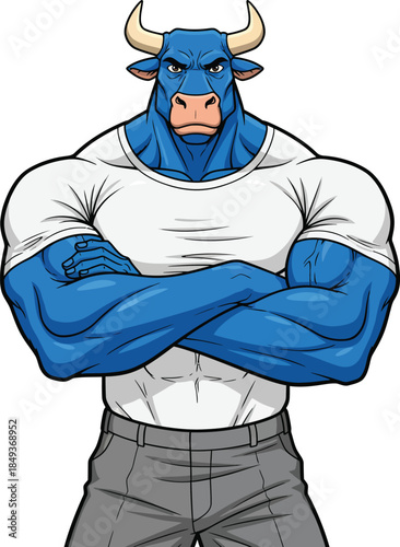 Muscular blue minotaur character with crossed arms wearing a white tshirt.