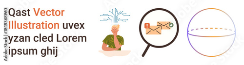 Digital transformation, email communication, data analysis, innovation, problem-solving, abstract technology. a person brainstorming with binary codes, email with magnifier and a sphere. Digital