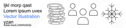 Business, teamwork, investment, finance, seasons, abstract design. Stacked coins, group of people snowflake symbol. Finance and teamwork concept in a minimalist style