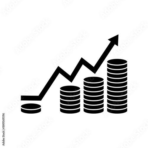 Inflation and the economic crisis icon set. Financial market crash. Black line arrow up down on the chart is pointing. Plot a graph on the stacks of coins for recession concept. Vector illustration.