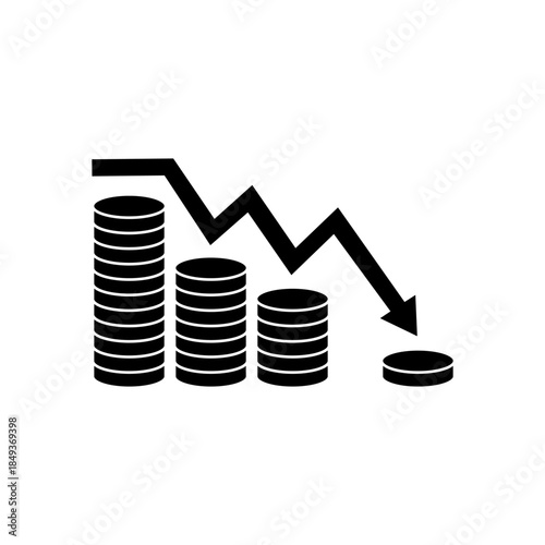 Inflation and the economic crisis icon set. Financial market crash. Black line arrow up down on the chart is pointing. Plot a graph on the stacks of coins for recession concept. Vector illustration.