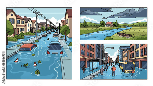 The devastating impact of floods on residential streets, urban areas, and rural landscapes