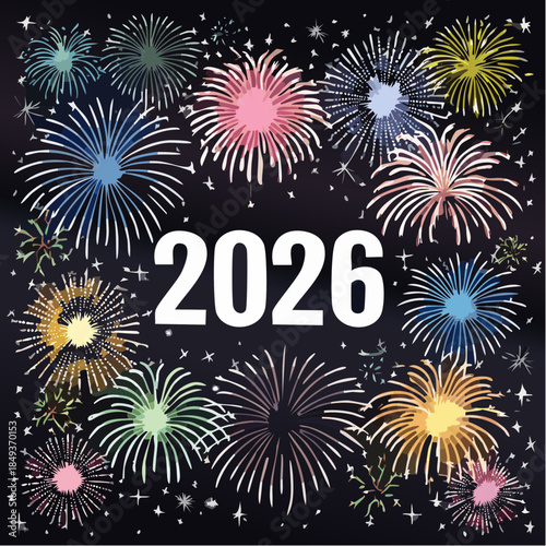Nouvel an, 2026, feu d'artifice sur fond noir, festif, coloré, élégant 