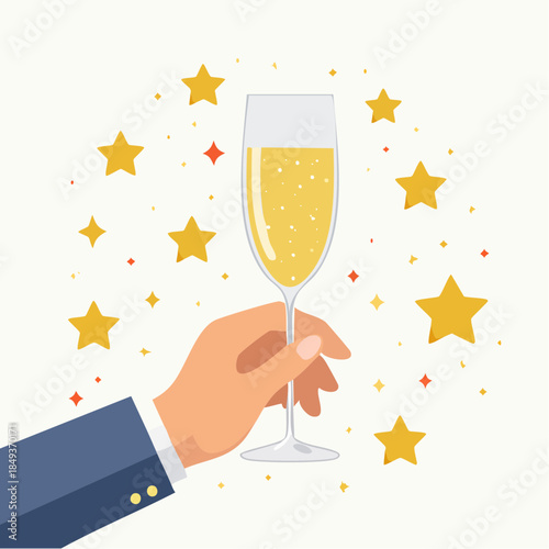 Main d'homme tenant une coupe de champagne, festif, étoiles, isolé sur fond blanc, célébration