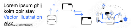 Cybersecurity, data transfer, file management, AI technology, cloud storage, secure systems. A robot accessing files linked to a database and shield icon. Cybersecurity and data transfer concept