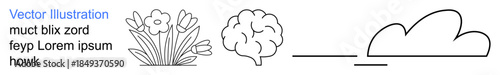 Education, creativity, environment, mental health, mindfulness, brainstorming. Minimalist composition with flowers, brain and cloud outline. Education and creativity concepts