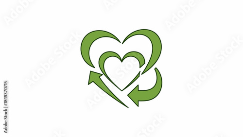 A vibrant green illustration of three nested hearts enveloped by flowing arrows, symbolizing continuous love, sustainable living, and holistic well-being concepts