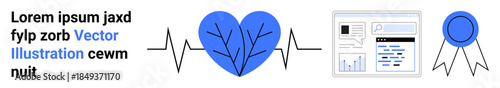 Healthcare, data analysis, achievement, certification, web development, digital media. Blue heart with branches and EKG line, a webpage interface and a blue award ribbon. Healthcare and data