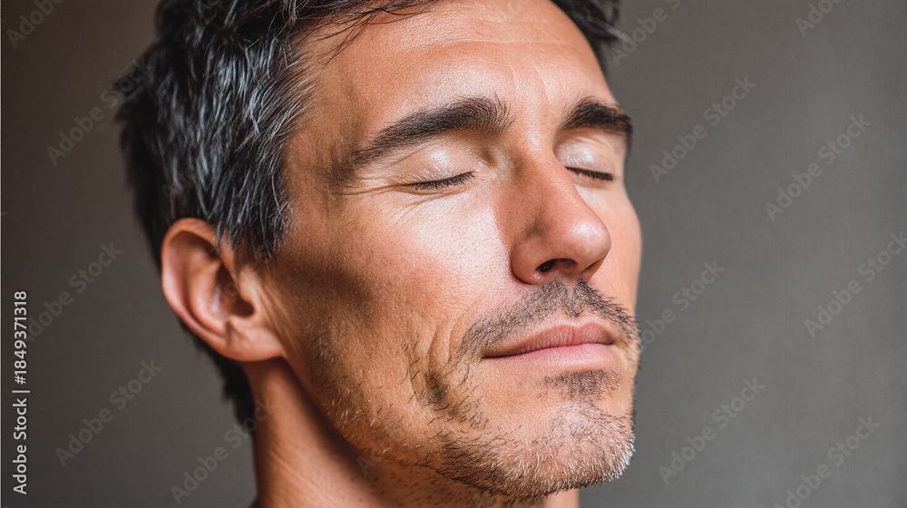 Fototapeta premium Man with eyes closed resting in spa ambiance soft amber light relaxed expression close up healthy skin peaceful mood adult male serene atmosphere