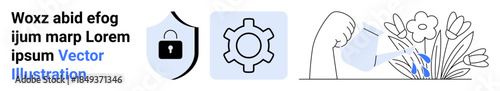 Shield with lock for security, gear for settings, hand watering flowers to signify growth. Ideal for security, technology, progress, nurturing, data, development simple landing page