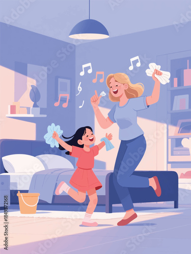 Mother and daughter dancing with cleaning cloths in a tidy bedroom. A joyful moment of chores and bonding.